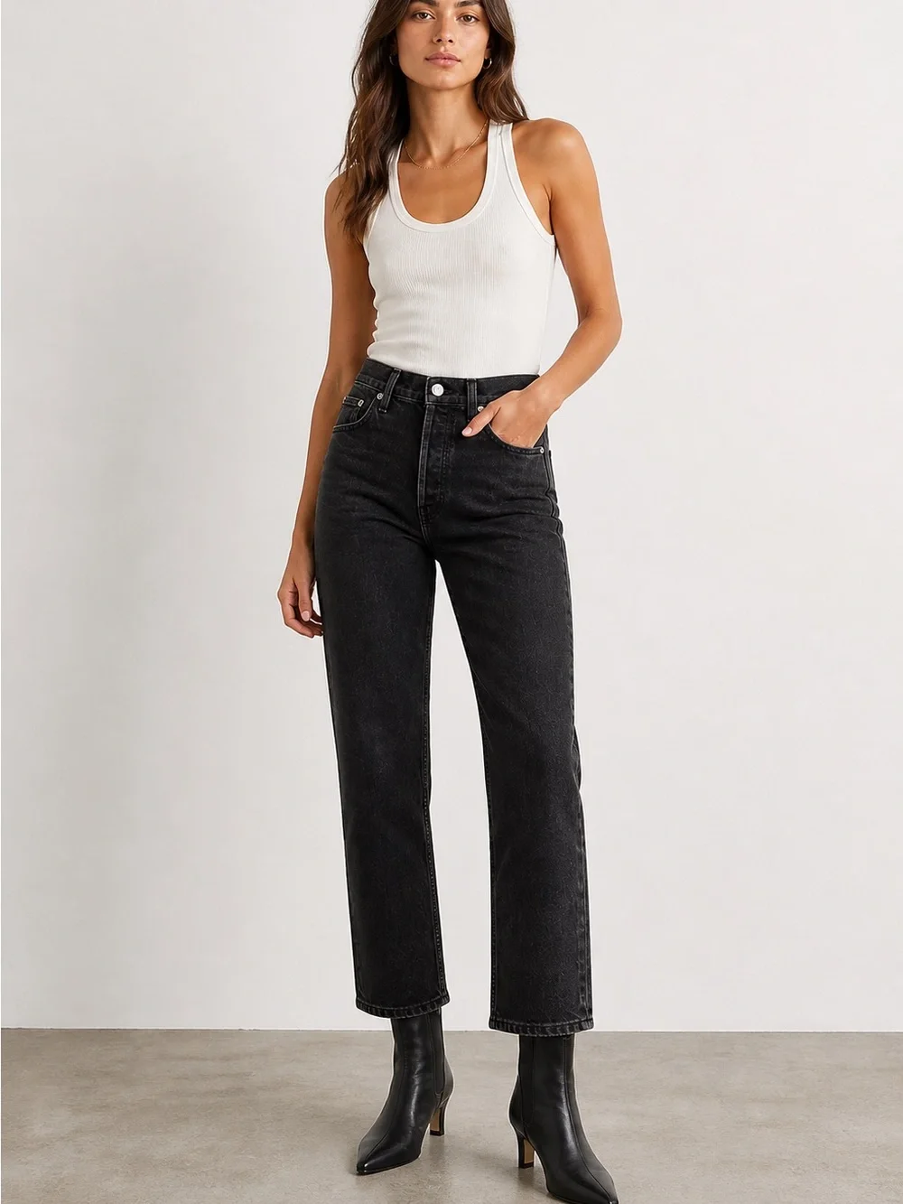 AGOLDE Riley High Rise Straight Crop Jeans Black Size 27 Button Fly Denim